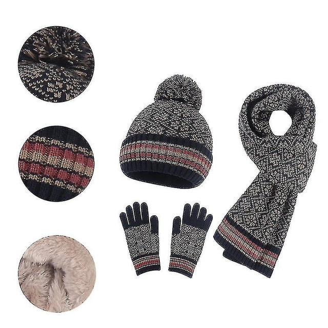 Snowflake Print Beanie Hat Scarf Touch Screen Gloves Set With Pom For Women
