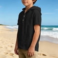 thumbnail image 5 of FSYBOA Boys Cotton Linen T Shirt Size 10-12T, Hooded Casual Short Sleeve Henley Neck Kids Summer Tops Black, 5 of 9