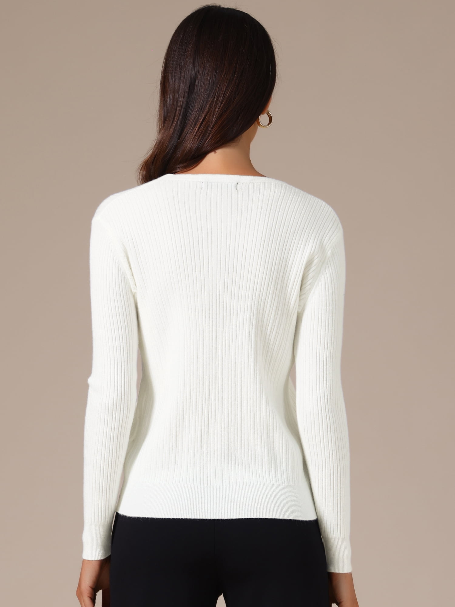 DARING DIVA Women's Long Sleeve Button Decor V Neck Ribbed Knit Sweater XL White