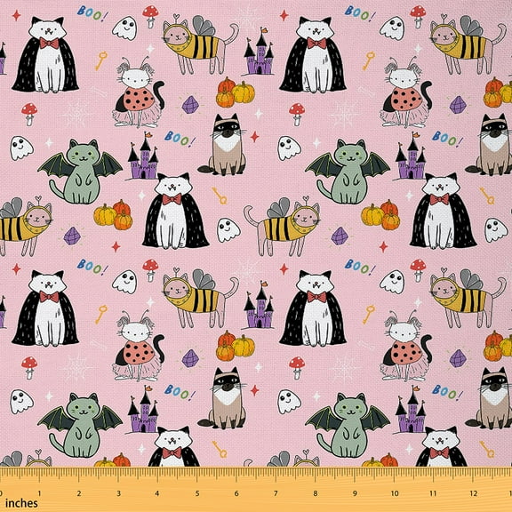 jejeloiu Kawaii Kitten Bats Fabric by the Yard 1 Yard,Happy Halloween Castle Home Decor Fabric by the Yard,Funny Pumpkin Bee Sewing Fabric For Girl Teens,Super Cozy Room Decor