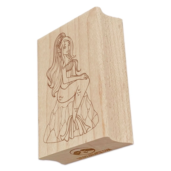 Mermaid Sitting on Rock Rectangle Rubber Stamp Stamping Scrapbooking Crafting - Small 1.7in