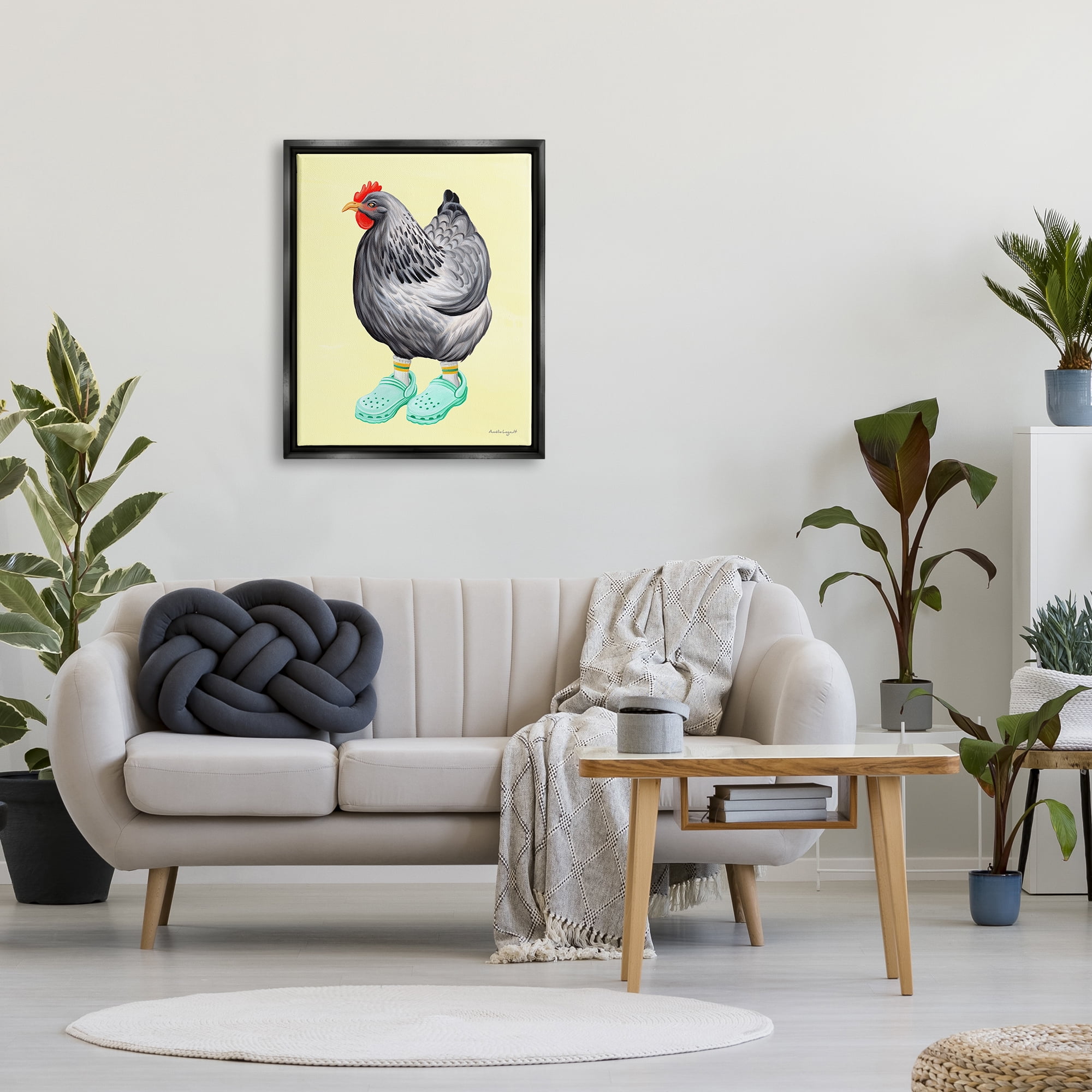Stupell Industries Chicken Hen Vibrant Rubber Clogs Farm Animal Graphic Art Jet Black Floating Framed Canvas Print Wall Art, Design by Amelie Legault