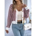 thumbnail image 3 of Womens Long Sleeve Striped Cardigan Sweaters Striped Cropped Button Fall Trendy Open Front Knit Sweater Coats Wine Red L, 3 of 8