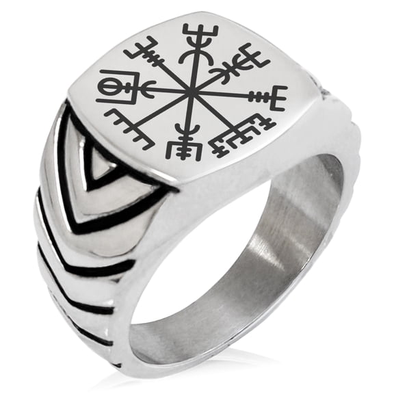 Tioneer Stainless Steel Vegvisir Viking Compass Chevron Pattern Biker Style Polished Ring