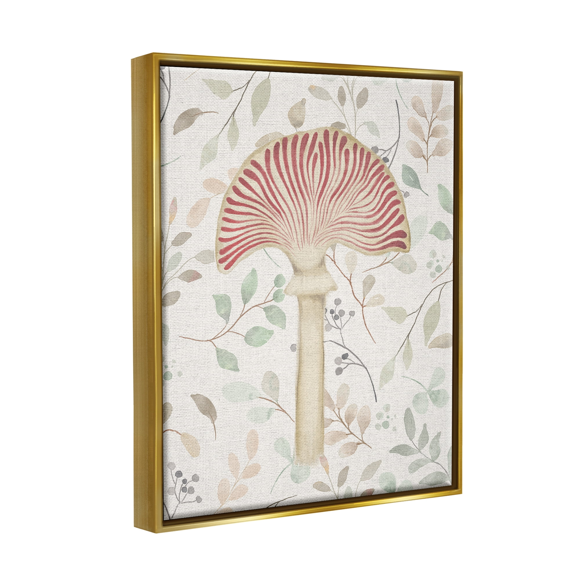Stupell Industries Soft Botanicals & Mushroom Botanical & Floral Painting Gold Floater Framed Canvas Art Print Wall Art, 17 x 21