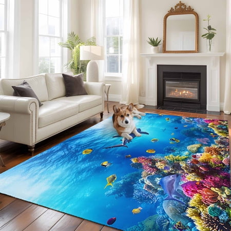 Shark Area Rug 5x7 FT, Non Slip Bedroom Throw Carpet, Blue Ocean Underwater Animal Coral Tropical Fish Washable Soft Floor Carpet Non-Shedding Rug for Dining Room Bedside Classroom Desk