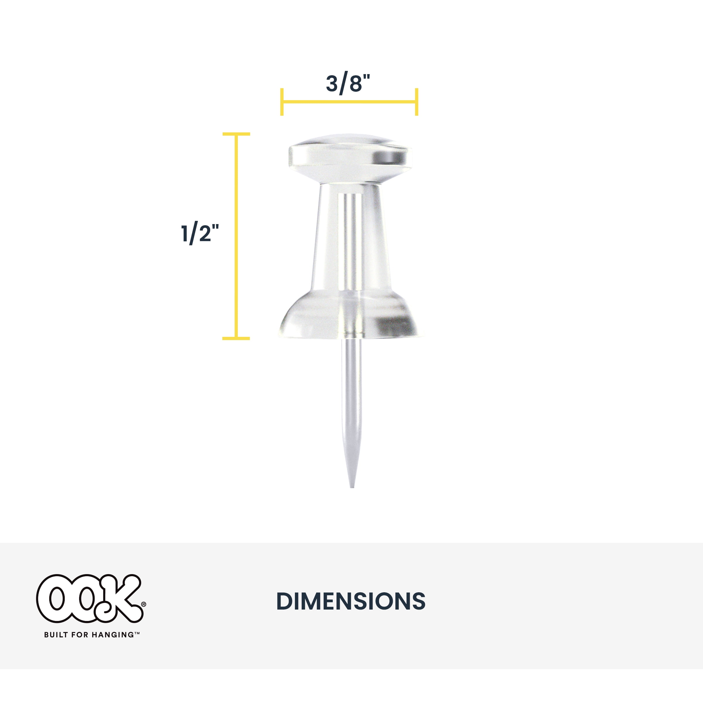 Ook Push Pins, Steel and Plastic, Clear, Interior Multi-Material, 60 pack