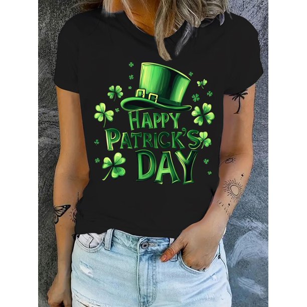 Women's "Happy St. Patrick's Day" White T-Shirt - Comfortable, Fashionable Casual Wear with Green Clover and Leprechaun Hat Design, Short Sleeve Round Neck Top, Seasonal Top|Comfortable Fit, Ladies T