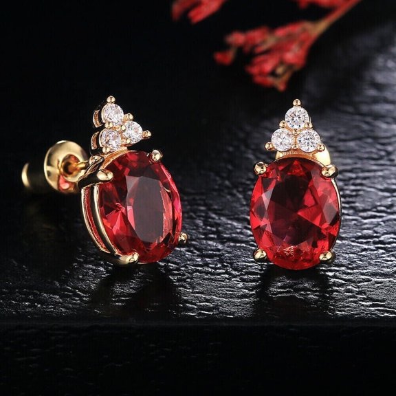 Simulated Red Garnet 2Ct Oval Cut Women's Stud Earring 14K Yellow Gold Plated