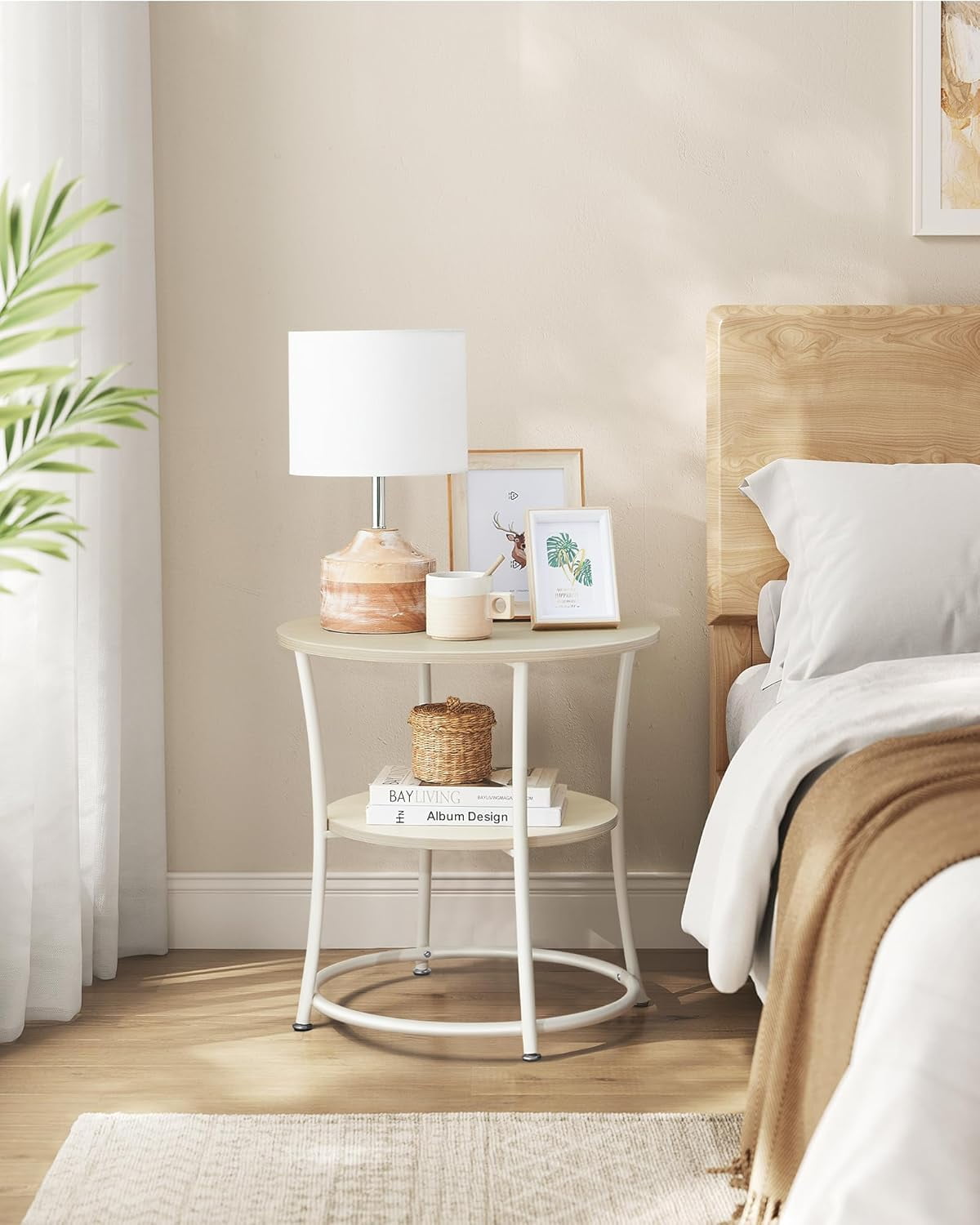 VASAGLE 21.7-Inch Round Side Table, 2-Tier End Table, Nightstand with Steel Frame, Spacious Top, for Small Spaces, Living Room, Bedroom, Natural Beige