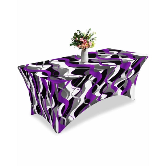 Fitted Tablecloth 6ft Purple Grey Lines Rectangular Tablecloths Stretch Spandex Table Cover Washable Elastic Modern Abstract Stripes Table Cloth Protector for Dinner Party Wedding Banquet