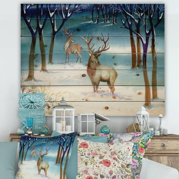 Designart 'Deers With Winter Landscape' Traditional Print on Natural Pine Wood