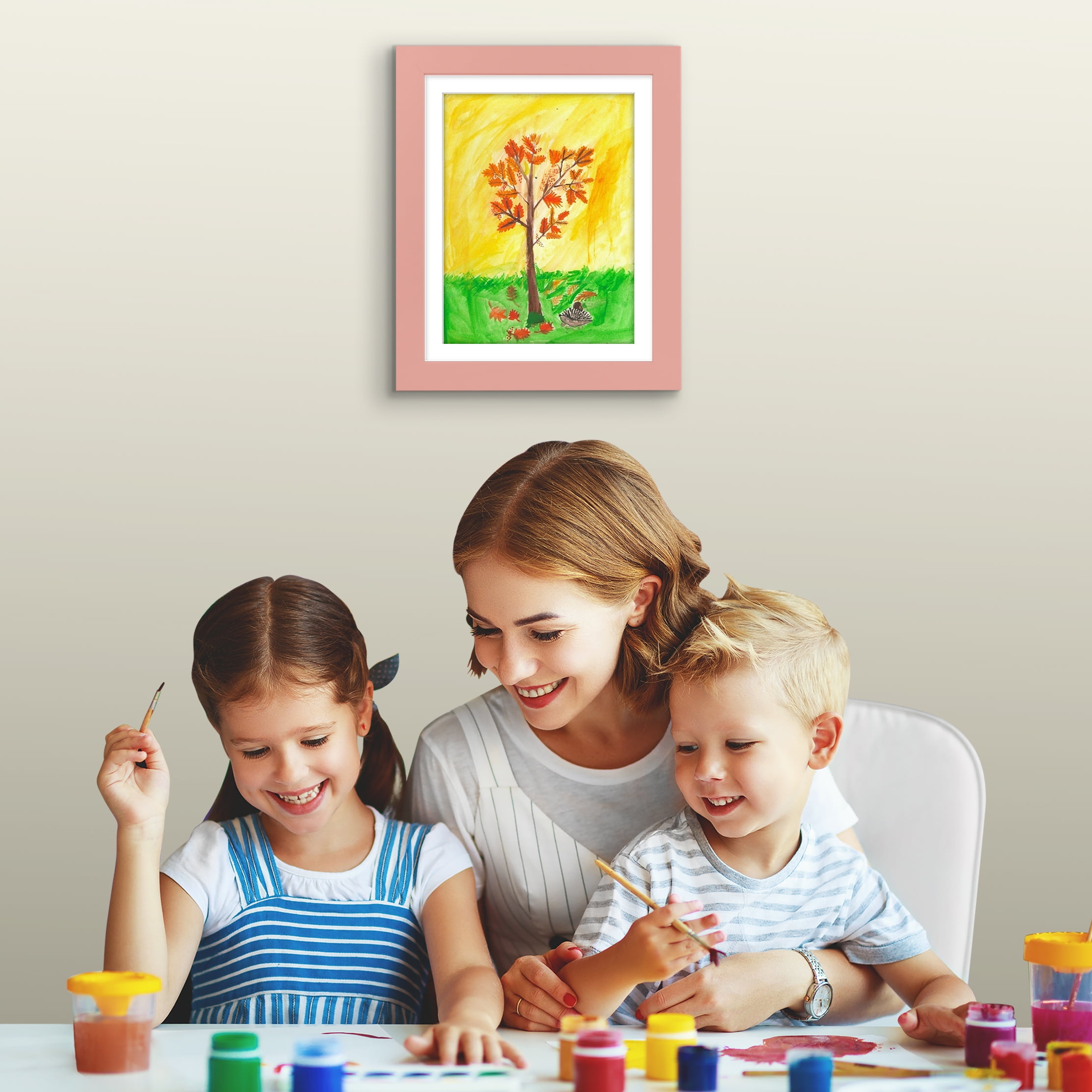 Americanflat 10x12.5 Kids Art Frame with 8.5x11 Mat Holds 100 Art Pieces Peachy Magnetic Letter Size Display - Pink