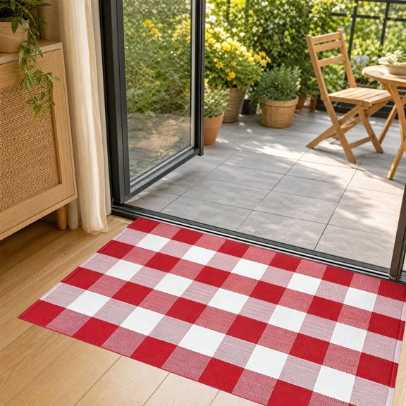 pathside Area Rug for Living Room Bedroom Rugs Thanksgiving Plaid Doormat Non-Slip Washable Front Door Mat Fall Red