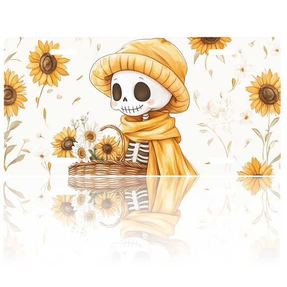 1 Pcs 2D Flat License Plate Covers & Frames, Cute Skeleton with Basket For Decorative Front, Waterproof For Decoration Aluminum License Plate Covers & Frames Cover For Men Women, 12" X 6"
