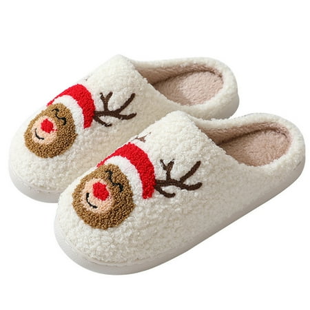 

Christmas Fuzzy Indoor Slippers Cozy Elk Furry Slippers Plush Slip-on House Shoes Winter Warm Slippers for Women White 44-45