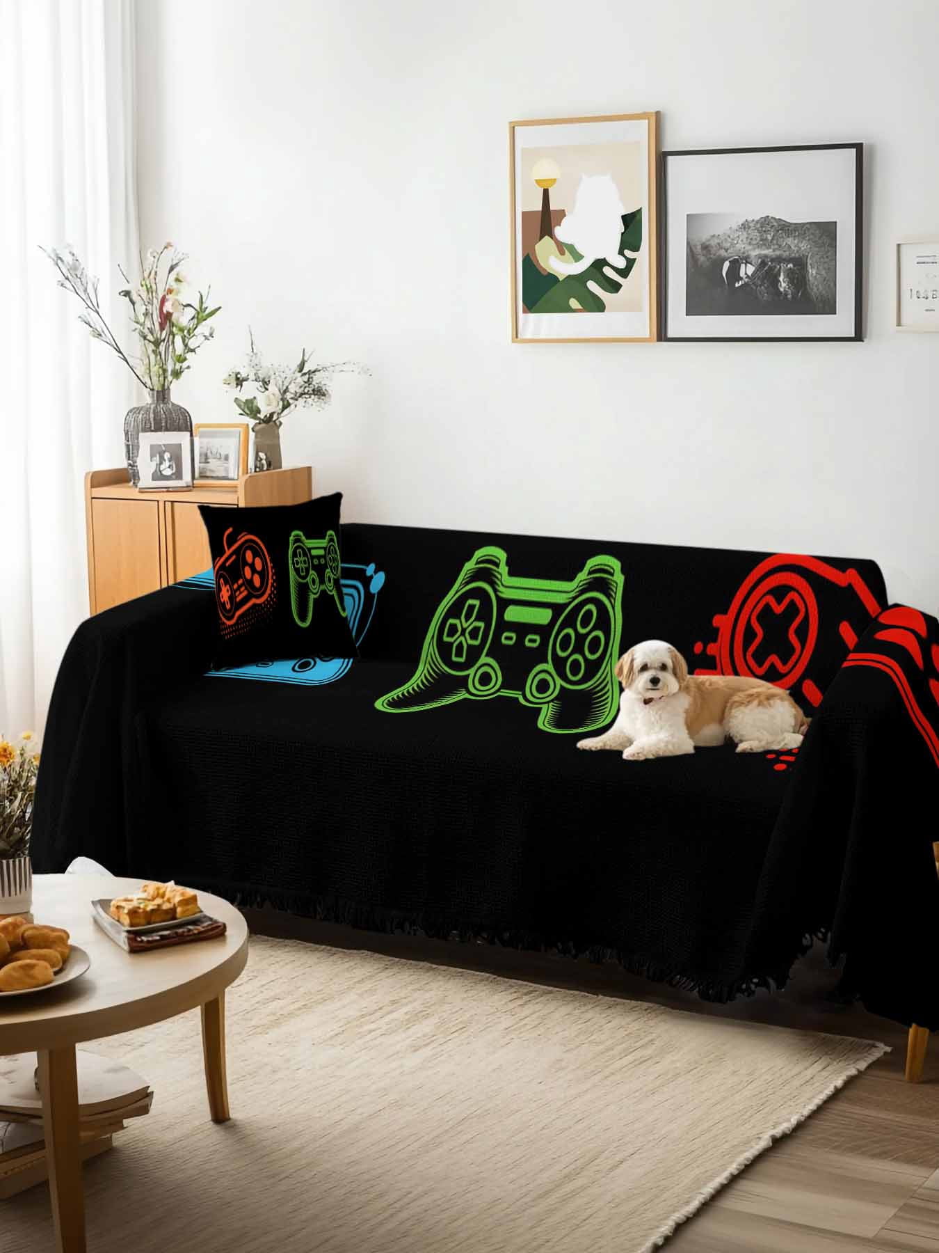 Game Controller Couch Cover, Modern Art Gaming Handheld Black Sofa Cover Blanket for Loveseat Couches, Sectional Sofa Slipcover Furniture Protector for Living Room Bedroom 71''x118''