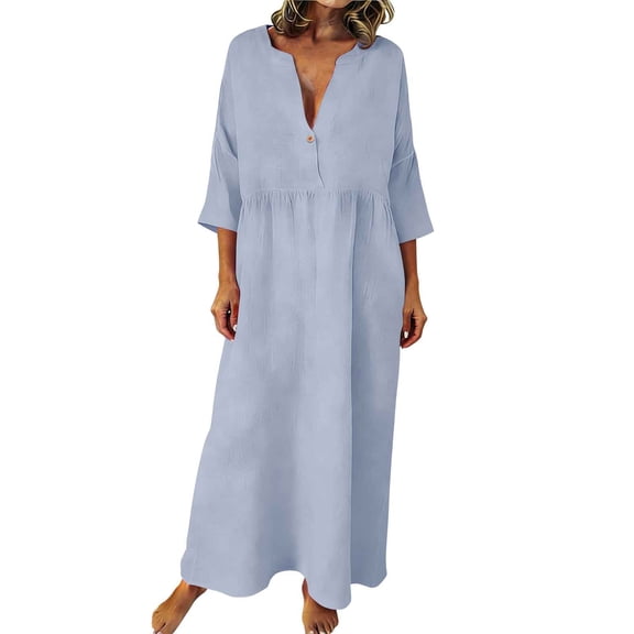 Women's Cotton Linen Shirt Dress Casual 3/4 Sleeve Solid Color Maxi Dress Pleated Flowy Swing Dresses