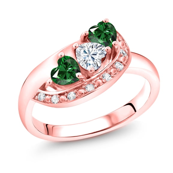 Gem Stone King 18K Rose Gold Plated Silver White Moissanite and Green Nano Emerald and White Created Sapphire Engagement Ring for Women (1.09 Cttw, Gemstone , Heart Shape 4MM, Size 7)