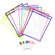 UgyDuky 10 Pack Large Dry Erase Pocket Sleeves Assorted Colors with 10 Marker Pen, Reusable Dry Erase Sleeves,