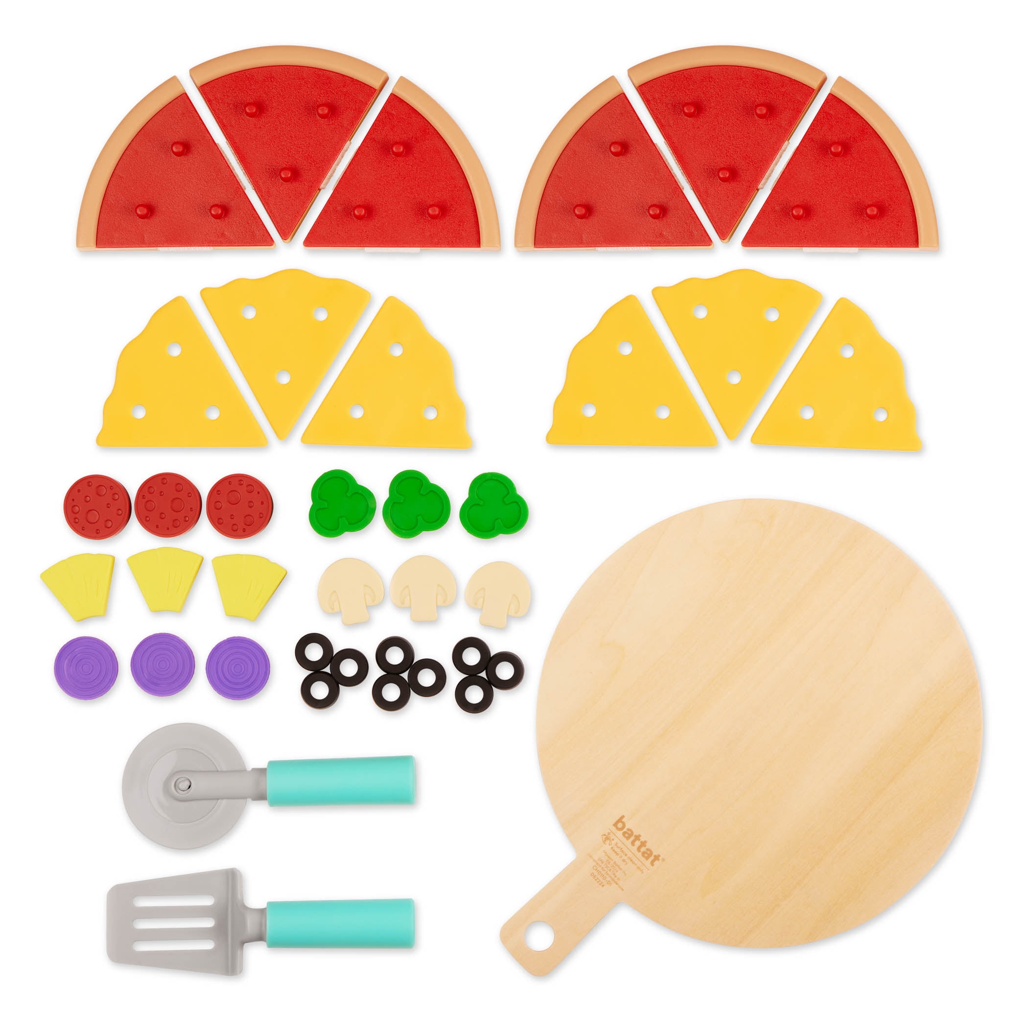 Battat Pizza by The Slice Plastic Set 7 Multicolor Toppings and Wooden Board, Toddler and Preschool Toys
