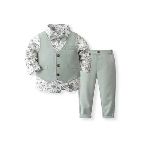 Boys 0-3Y Gentleman 3-Piece Suit Set (80/90/100cm) - English Style Floral Shirt Vest Pants, Formal Wear for Weddings, Parties & Special Occasions