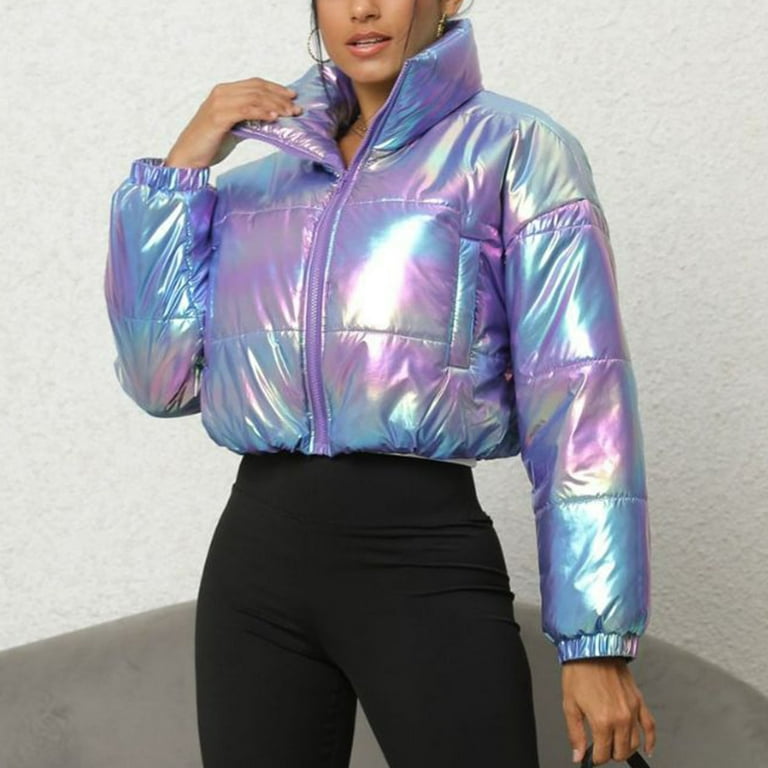 Hvyesh Women's Shiny Cropped Puffer Jackets Trendy Zipper Up Baggy