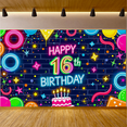thumbnail image 5 of Neon Themed 16th Birthday Backdrop Banner Decorations with Balloons Stars and Cake Background Party Supplies for Photography Props Birthday Party Decor Happy 16th Birthday Celebrations, 5 of 7