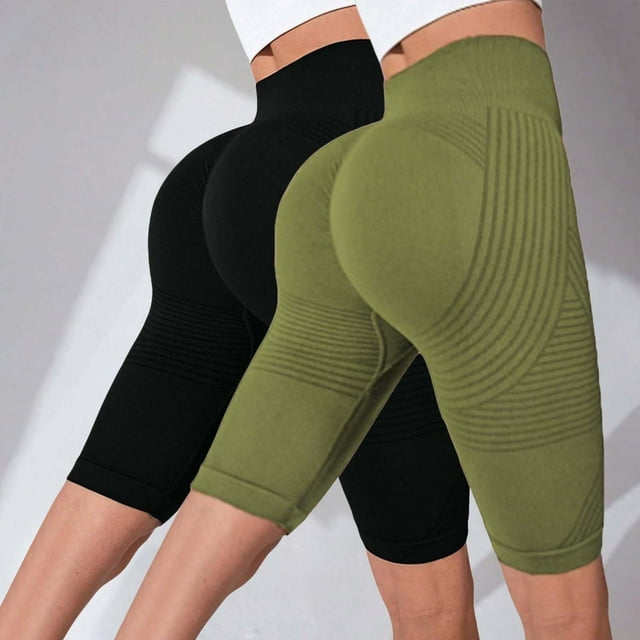 Women's Textured Compression Hip Lifting Fitness Pants, High Waisted Peach Booty Yoga Shorts 2PC Set with Seamless Design, Tummy Control Workout Gear for Gym, Running and Daily Training Green XXL