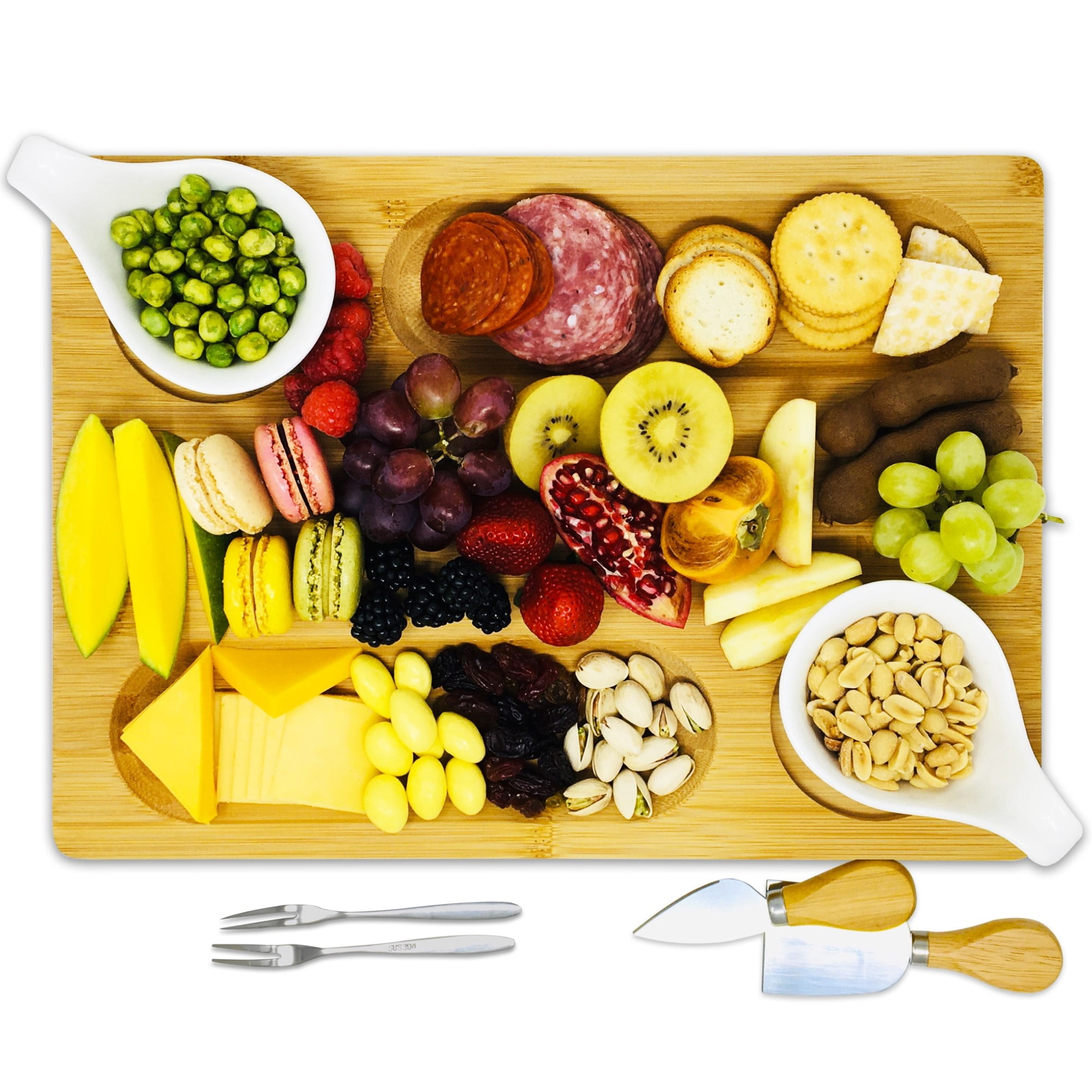 Bamboo Cheese Board with Knife & Fork Set, Wood Charcuterie Platter