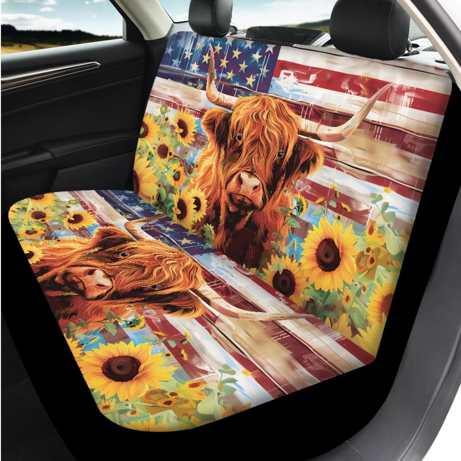 Binienty Sunflower Highland Cow Print Automotive Seat Covers with Armrest Cover Seat Headrest Cover Seat Belt Shoulder Strap Covers Keychain 14 Pieces American Flag Car Interior Accessories Set