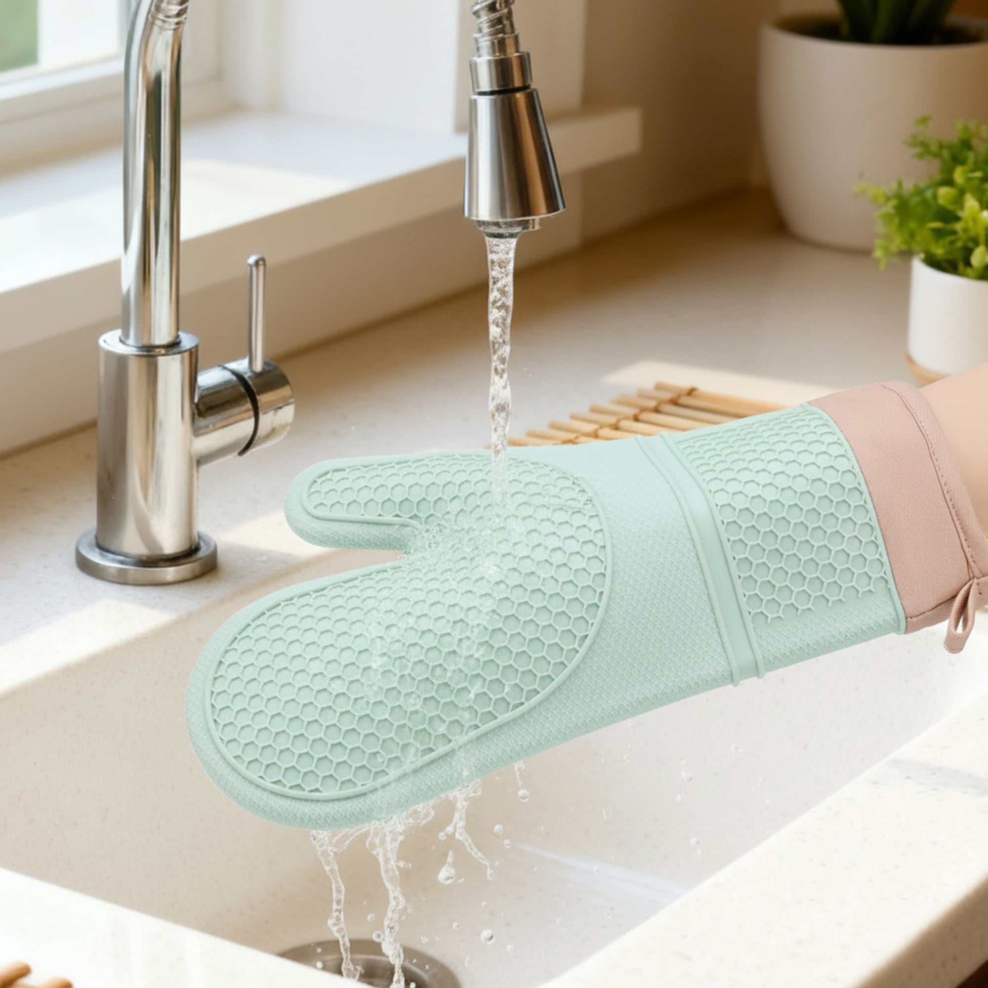 Unique Bargains Heat Resistant Soft Silicone Oven Mitts Set of 2 Mint Green 13x7.5 Inch