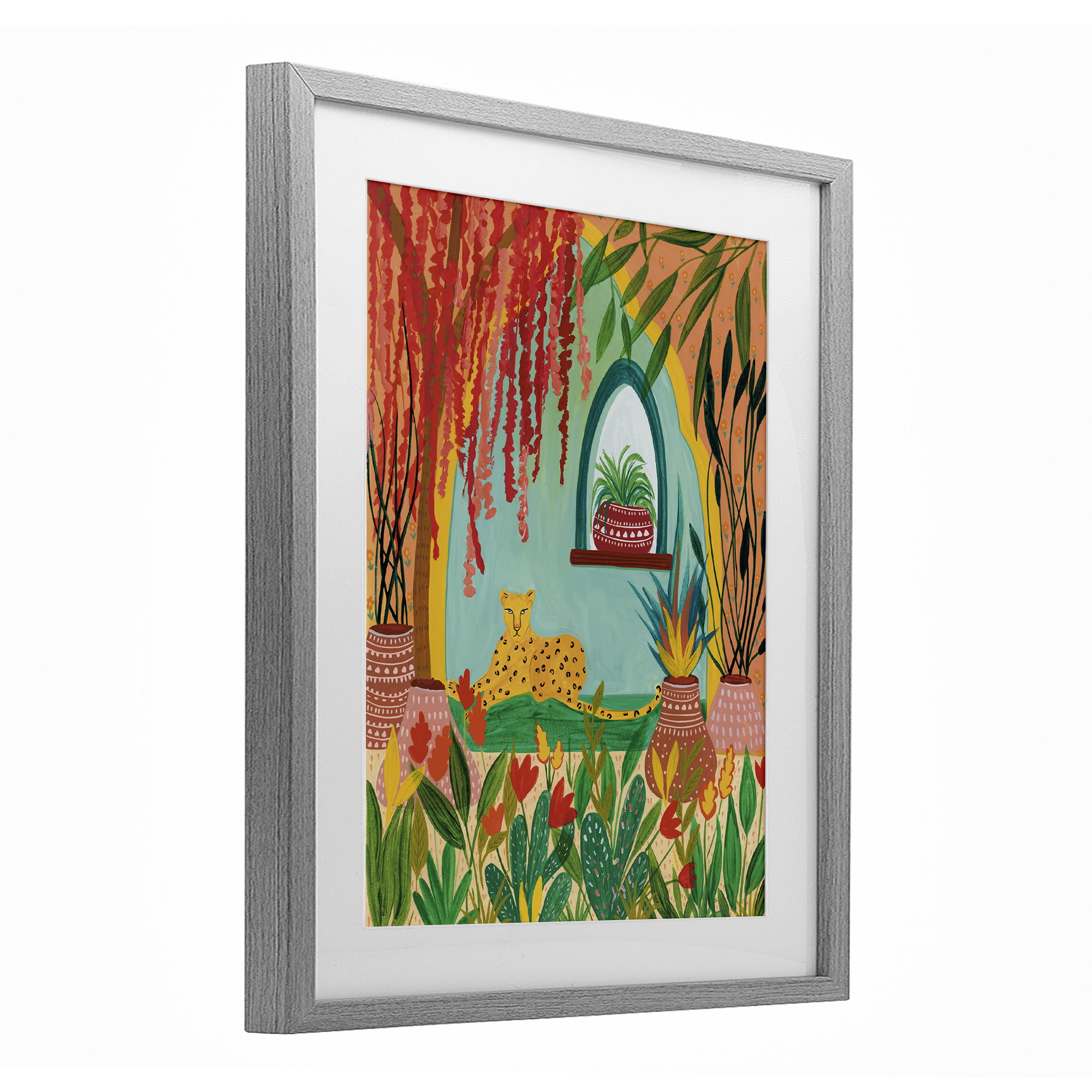 Lone Leopard Among Botanicals Gray Framed Print Under Glass, design by Nabeela Rumi