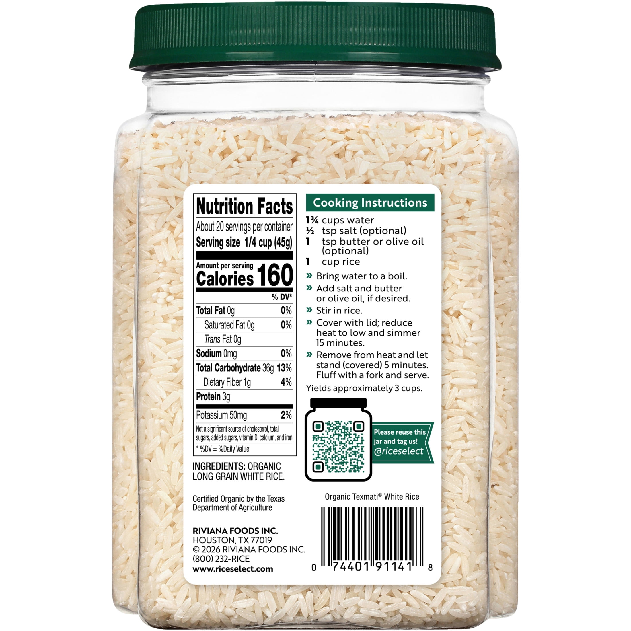 (3 pack) RiceSelect Organic Texmati White Rice, American-Style Basmati Rice, 2 lb Jar