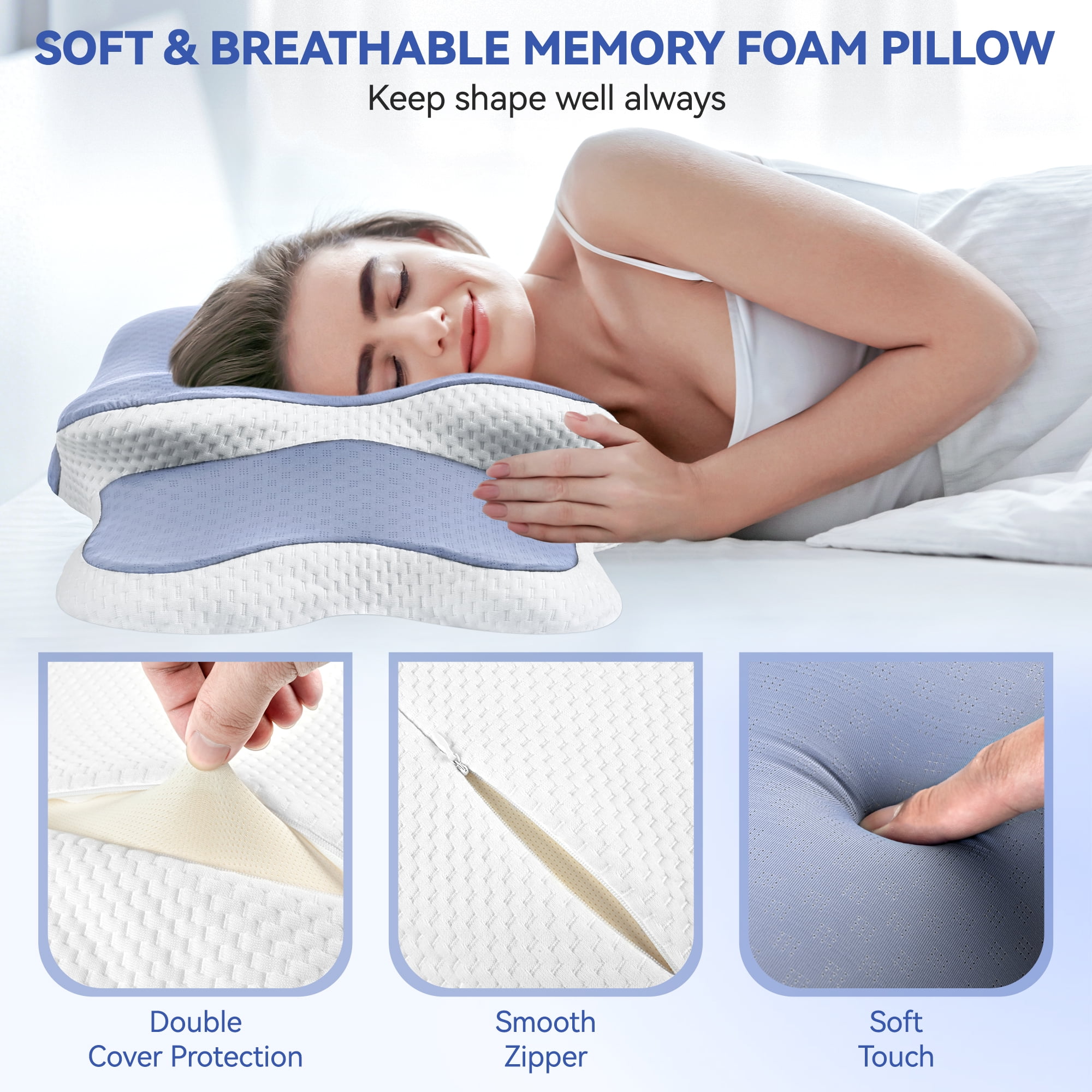 SweetLux NEW YORK Cervical Memory Foam Neck Pillow for Neck and Shoulder Pain Relief, (Blue/White)