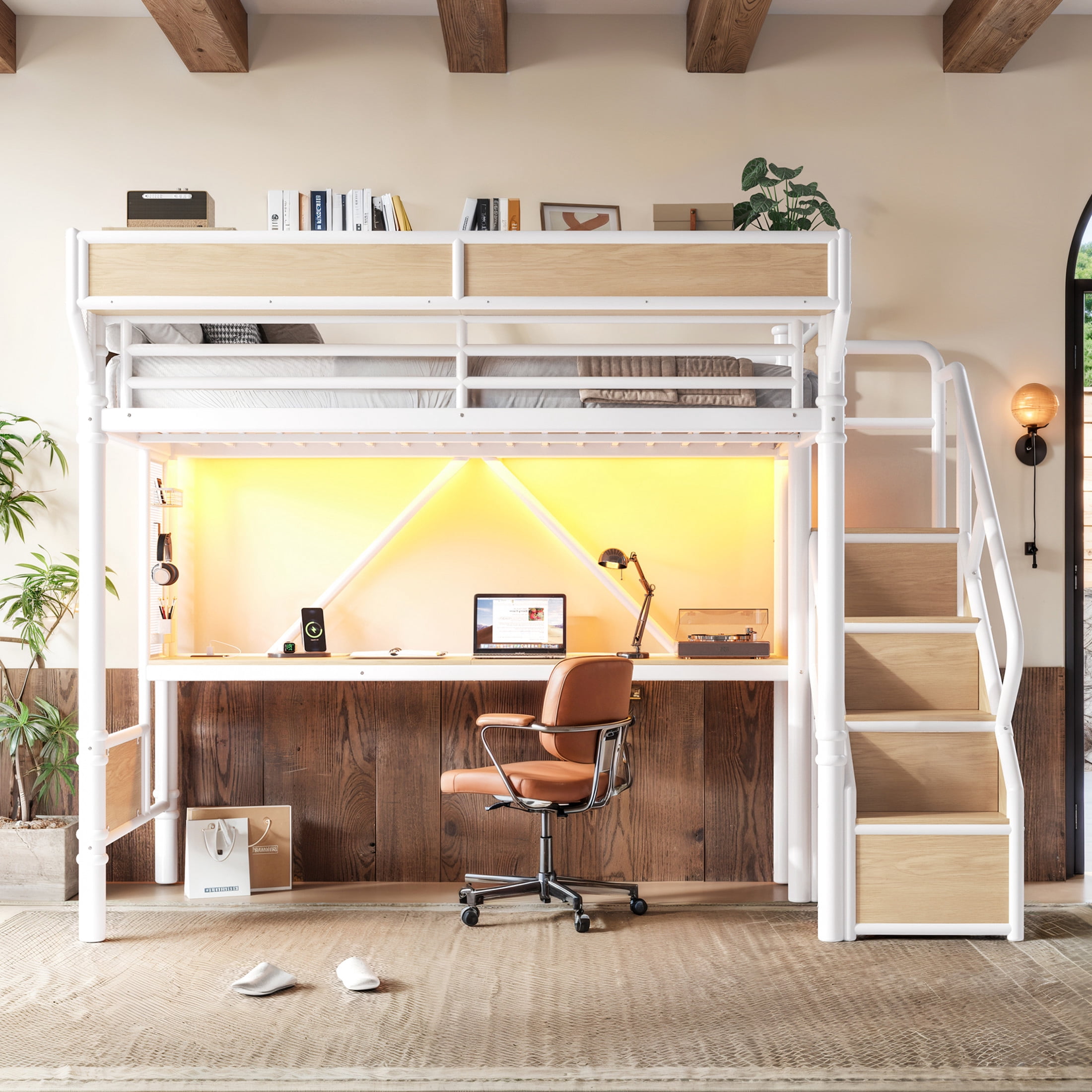 GDF Studio Twin XL Metal Loft Bed with Desk, Power Outlet, LED Light, Storage & Wardrobe, White