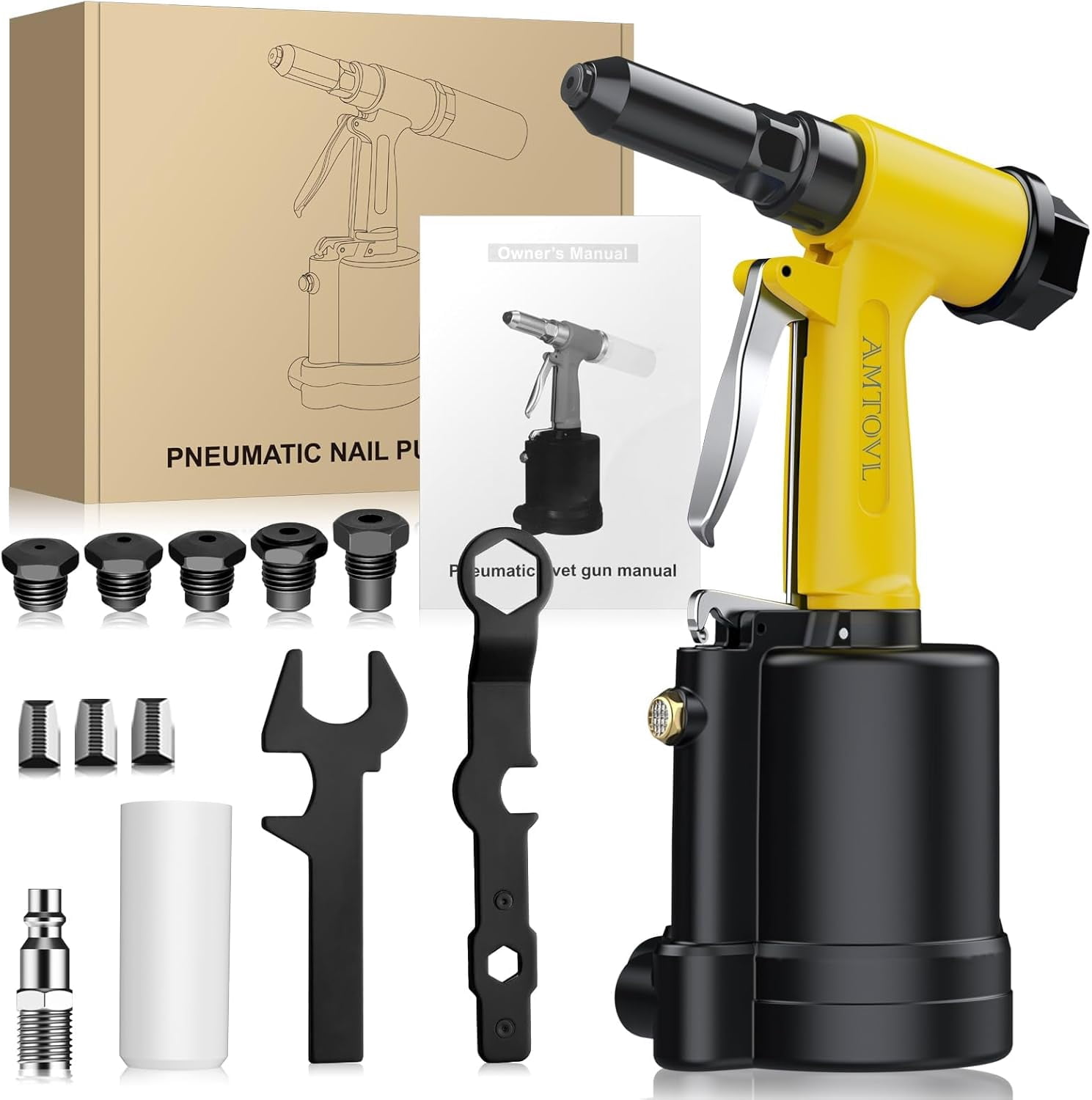 AMTOVL 3917LBF Heavy Duty Pneumatic Rivet Gun, Yellow - 5 Nosepieces (3/32" to 1/4") with 1/4" NPT Air Inlet, Professional Air Riveter for Automotive, Metal & Industrial Fastening