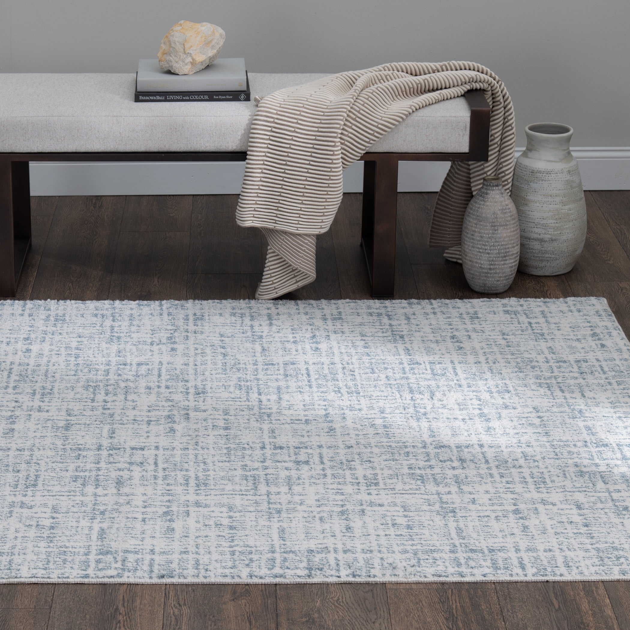 Mainstays 7'6" x 9'6" Ivory and Blue Plaid Indoor Area Rug