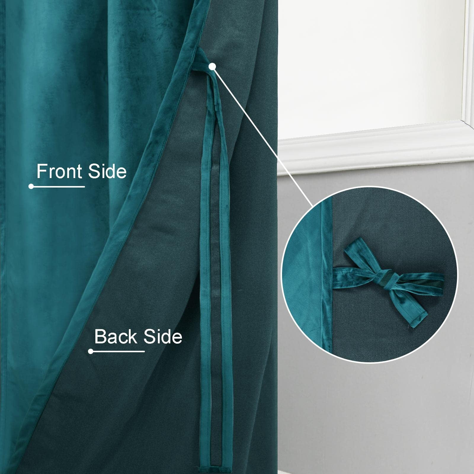 JIUZHEN Teal Room Darkening Velvet Curtains 90 inches Long for Living Room, Soft Rod Pocket Thick Noise Reducing Window Drapes for Bedroom Home Office, 52W x 90L, Set of 2 Panels with Tiebacks