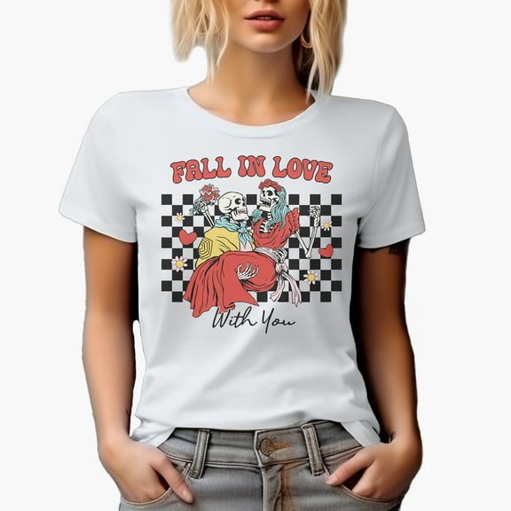 Fall in Love with You, Skeleton Couple, Retro Checkerboard, Valentine's Day Gift, White T-Shirt, Small