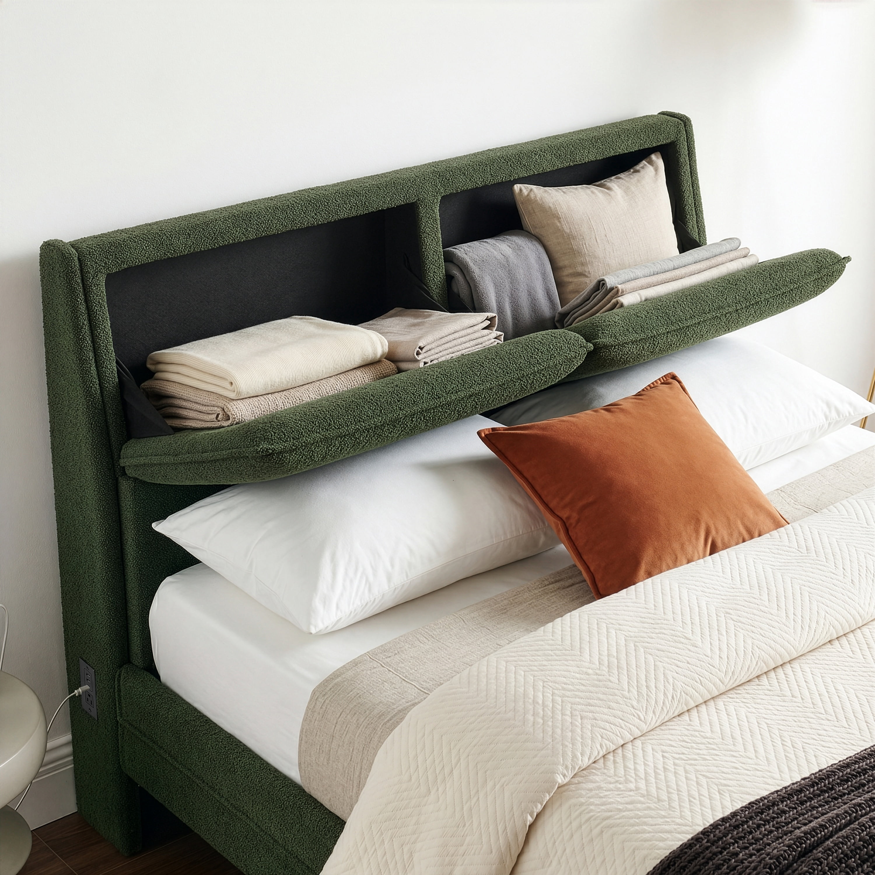 Studio Living Emilia Upholstered Queen Size Bed with Storage Headboard, Green