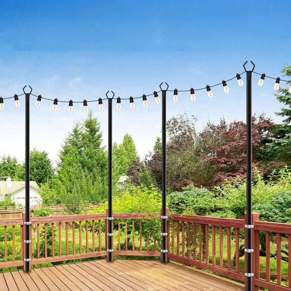 EASHZMFYTBF 10ft 4 pack string light poles,light poles for outside lights,outdoor with fence brackets hanging lights,metal stand deck patio backyard, heavy duty stepped-in 3-prong base light pole.