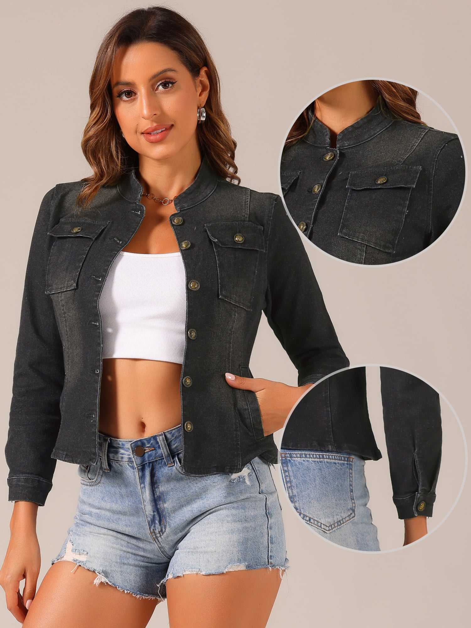 DARING DIVA Women's Classic Stand Collar Denim Jacket M Black