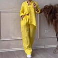 thumbnail image 2 of Women's Casual Solid-Color Cotton-Linen Shirt and Drawstring Wide-Leg Pants Set, 2 of 4