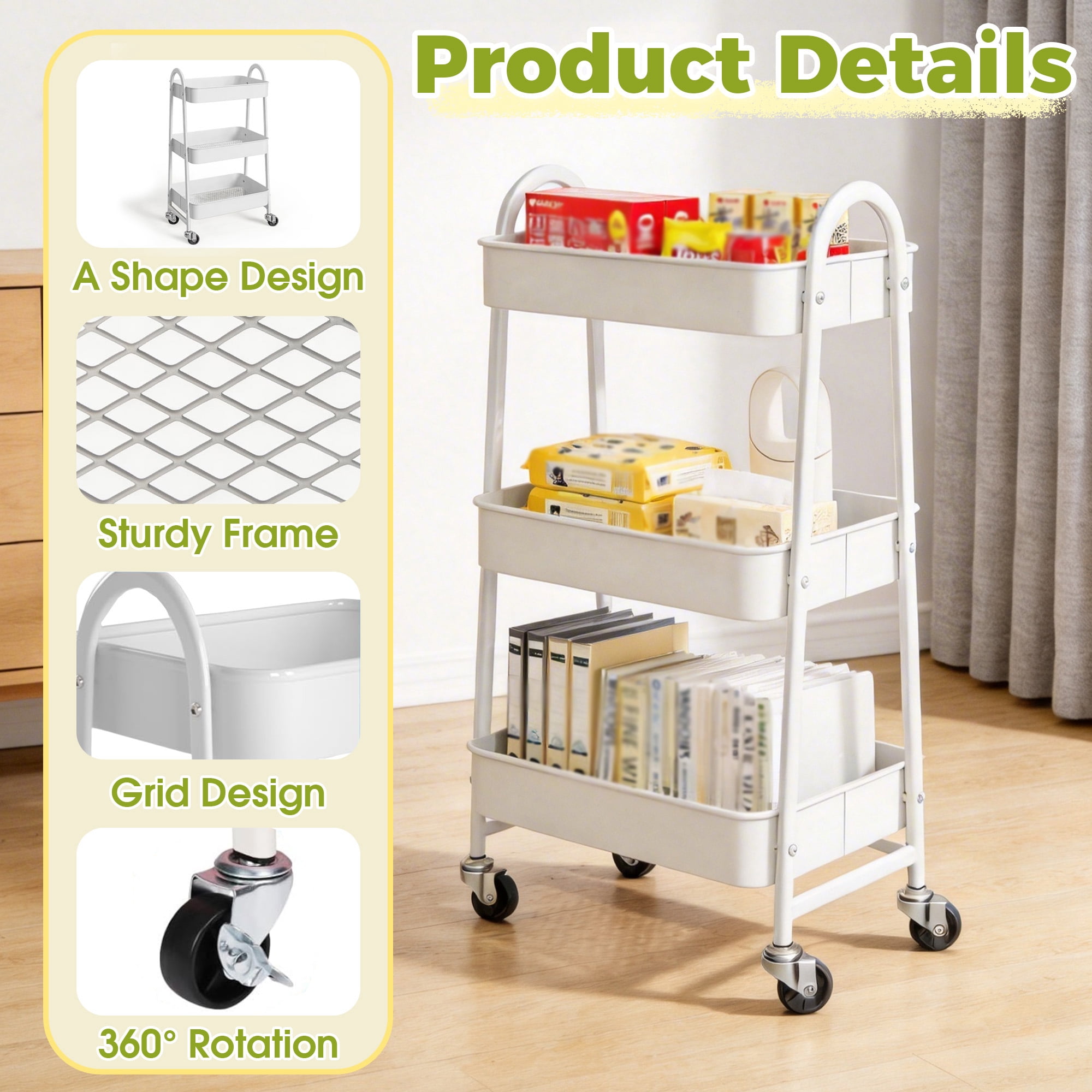 3-Tier Rolling Storage Cart, Metal Utility Organizer Cart, Metal Mesh Rolling Storage Cart with Lockable Wheels, Utility Organizer Cart for Kitchen, Bathroom, Laundry Room, Office & Narrow Spaces