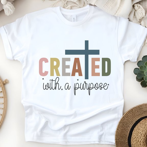 Created With A Purpose Christian T-Shirt | Cross Faith Graphic Tee, White, Size S