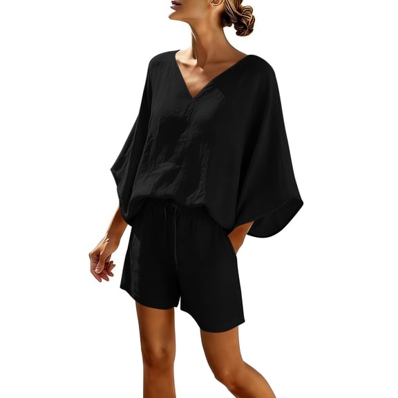 Abomasnow Women's Two Piece Sets Batwing Long Sleeve V-Neck Shirts Elastic High Waist Drawstring Short Pants Casual Summer Beach Vacation Lounge Sets with Pockets