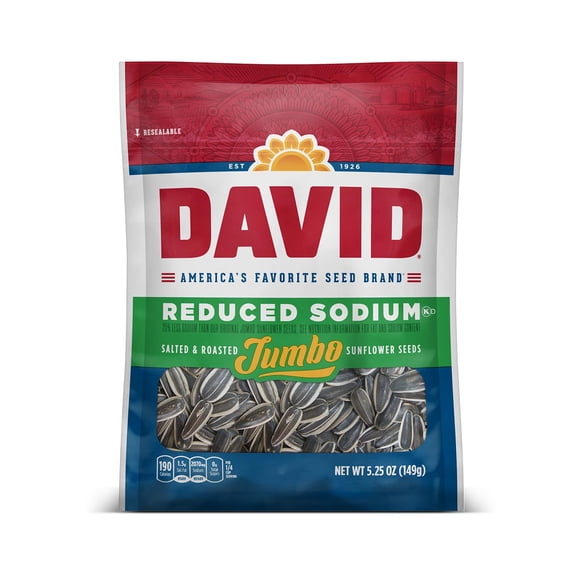 DAVID Roasted andITSC Salted Reduced Sodium Sunflower Seeds, Original Flavor, 5.25oz.