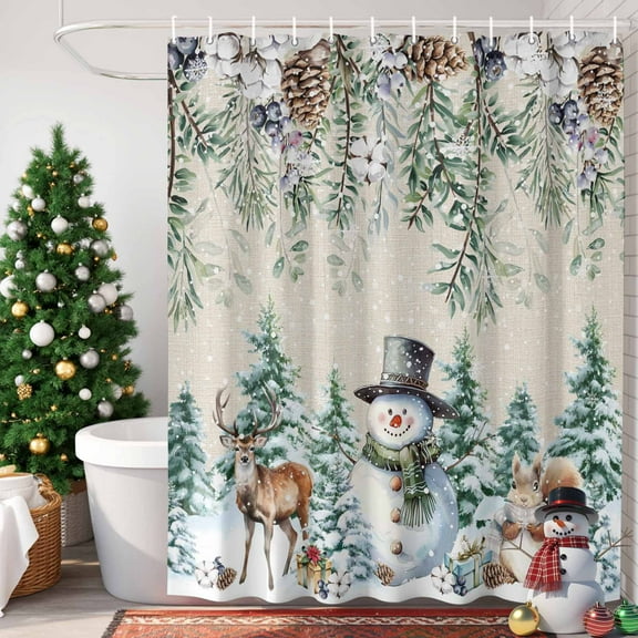 Winter Christmas Shower Curtain, 60" x 72", Snowman Squirrel Christmas Tree Berry Linen Waterproof Bathroom Curtain Washable Shower Curtain Set with 12 Hooks