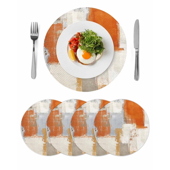 Burnt Orange Round 15 Inch Placemats Set of 4, Modern Geometric Grey Oil Painting Abstract HeatResistant Non Slip Place Mats for Dining Table, Wipeable Braided Kitchen Table Mats for Housewarming